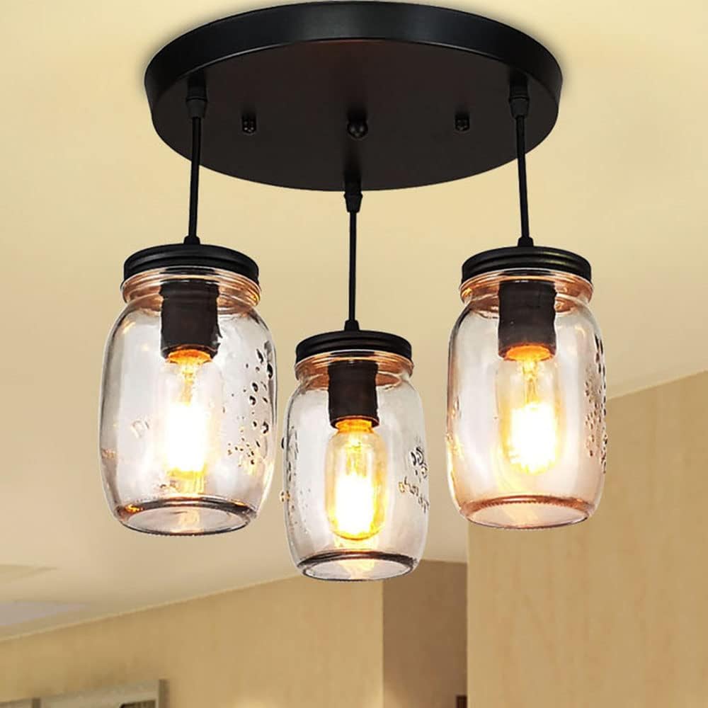 Kitchen Island Light, Adjustable Pendant Lighting,Glass Mason Jar Hanging Lamp (3-Light)
