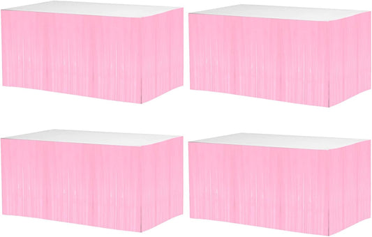 4 Pack 29x108 Inch Metallic Foil Fringe Tinsel Table Skirts for Rectangle Tables Streamer Backdrop for Wedding, Birthday, Parade Floats, Christmas, Halloween Party Decoration(Macaron Pink)