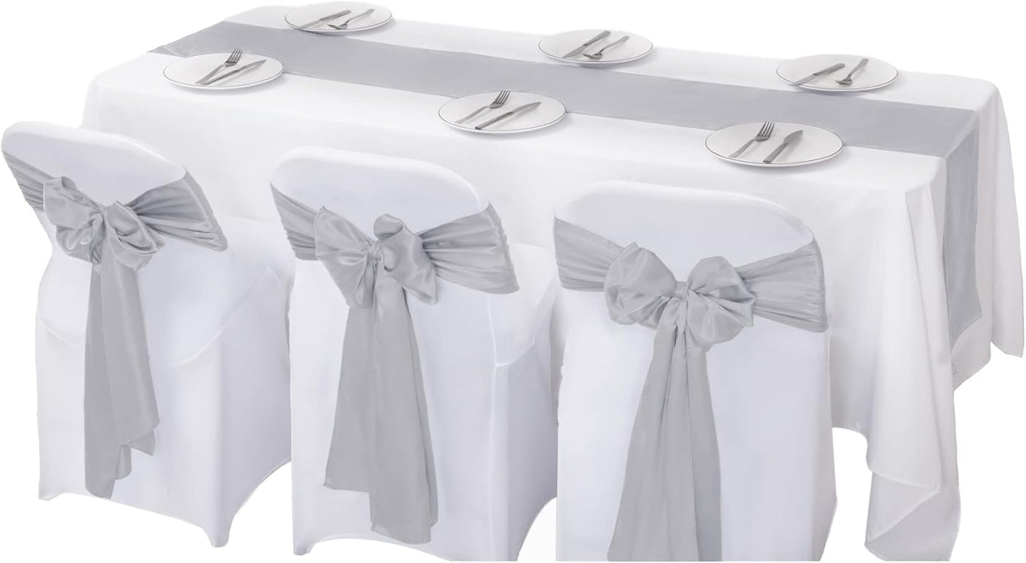 6Pack Table Runner 12 x 108 Inches Satin Silk Table Runner for Wedding, Birthday Party, Banquets, Graduations Decoration, fit Rectange and Round Table-Silver