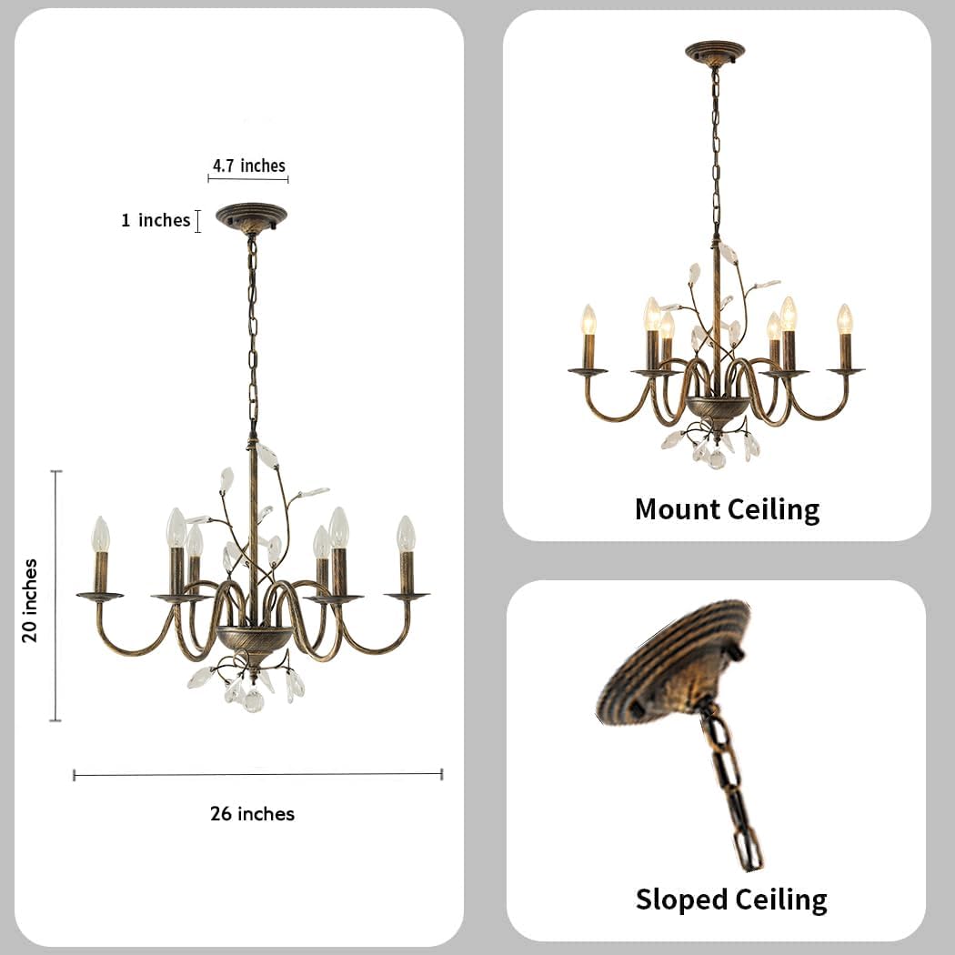 Farmhouse Crystal Chandelier,26 Inch Modern Flower Branch Oil-Rubbed Bronze Rustic Vintage Hanging Pendant Ceiling Light Fixture for Living Room Dining Room Bedroom Foyer Entryway