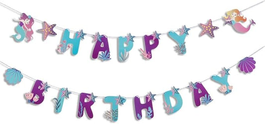 SUNBEAUTY Mermaid Happy Birthday Banner Little Mermaid Theme Birthday Decorations for Girls Ocean Theme Party Supplies for Baby Shower | Pre-Strung
