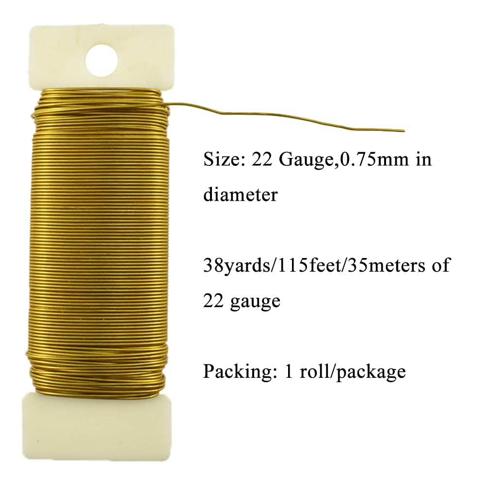 HAHIYO 22Gauge Dark Gold Metal Floral Wire - 1 Roll, 38 Yards (115 Feet) - Flexible Paddle Wire for Craft, Christmas Wreaths, Tree, Flower Arrangement, Bouquet Wrapping, Wedding, DIY
