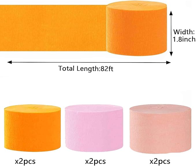 We Moment Orange Pink Peach Crepe Paper Streamers 1.8 Inch Widening 6 Rolls，Orange Pink Party Decorations Streamer 82 feet per roll for Girl Birthday Baby Shower Wedding Party Decorations