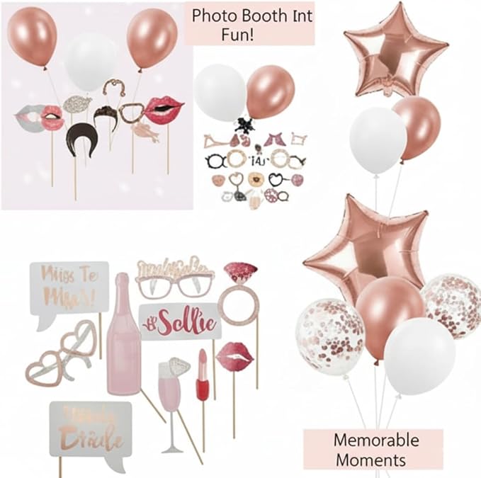 Bachelorette Party Decorations – 82 PCS Rose Gold Bride to Be Set with Foil Balloons, Confetti Balloons, Photo Props, Bride Sash, Veil, Champagne Balloon & Foil Curtain for Bridal Shower