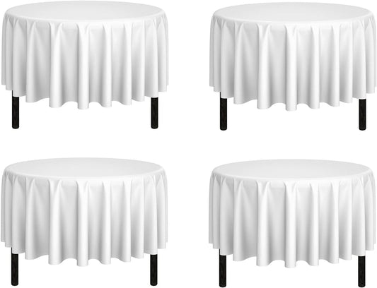 Pomp White 90" Inch Round Premium Polyester Tablecloth (4 Pack) | Wrinkle + Stain Resistant Easy Care Fabric | Fits Round or Circle Table