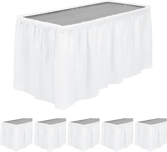 TURSTIN 6 Pieces White Plastic Table Skirts 14 Feet x 29 Inch for Rectangle Tables Fitted Tablecloth Disposable Table Cover for Birthday Party, Events, Banquette Baby Shower