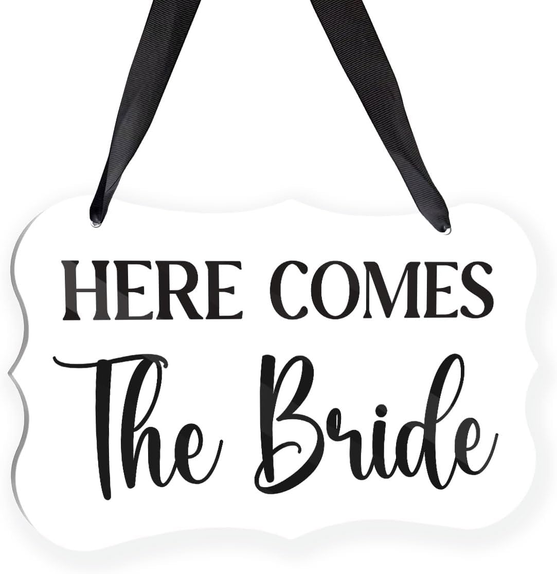 Acrylic Wedding Sign, Ring Bearer Sign, Here Comes The Bride Sign, for Rustic Wedding Decoration Hanging Signs, Acrylic Wall Art for Weddings Reception Decorations and Event Party (White)