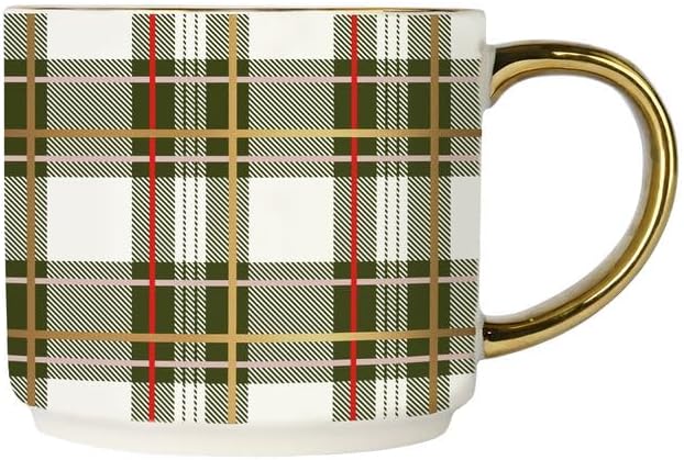 Sweet Water Decor Green Plaid Coffee Mug, 14oz China Christmas Mug with Gold Handle, Large Holiday Winter Cup for Coffee, Tea & Hot Chocolate, Stocking Stuffer Gifts for Women