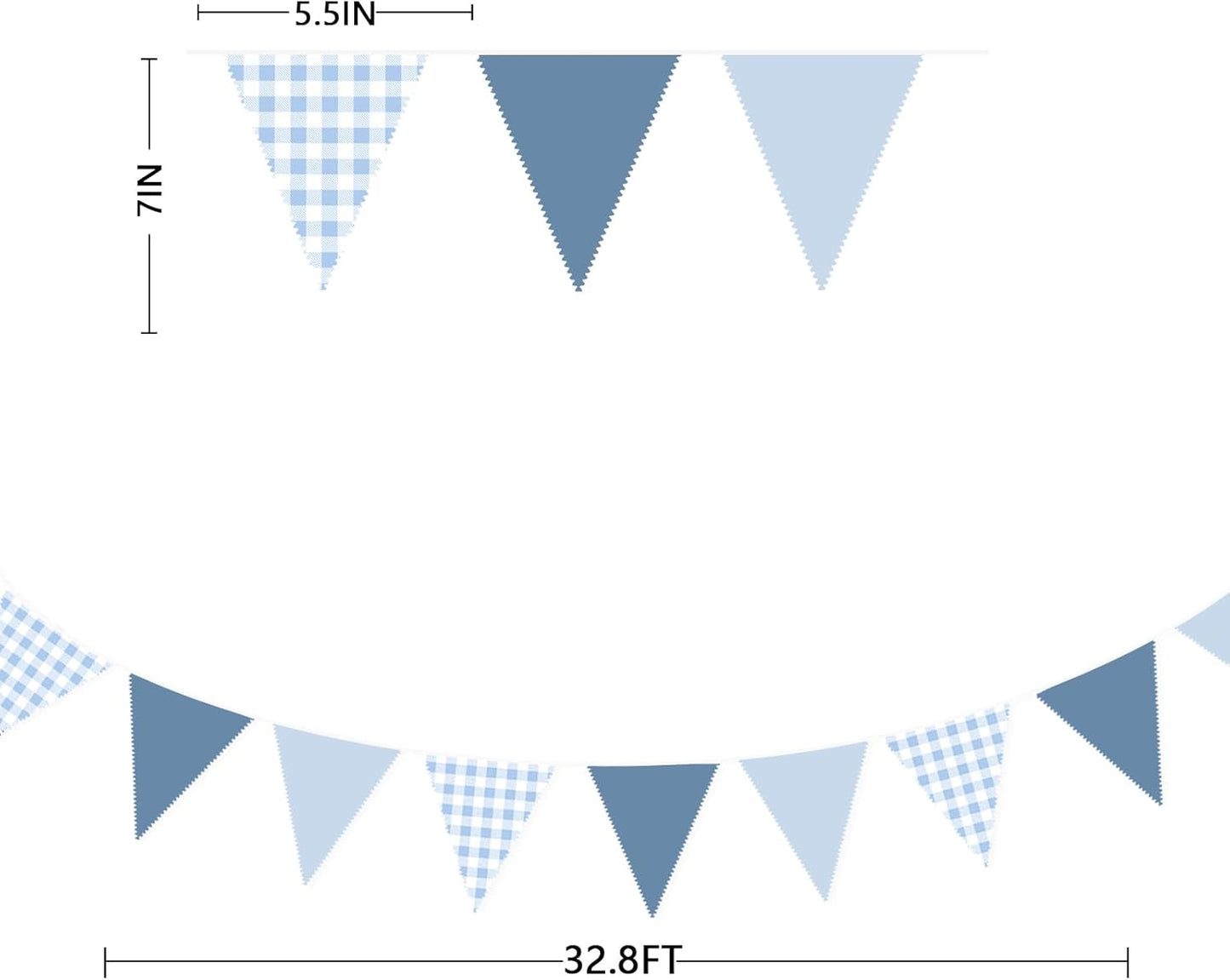 32Ft Dusty Blue Party Decorations Retro Blue Gingham Triangle Banner Flag Pennant Fabric Garland Streamers for Nautical Wedding Birthday Ahoy Achor Bridal Baby Shower Under The Sea Decor Supplies