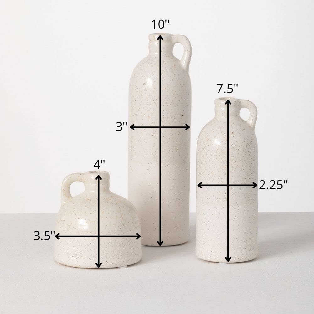Sullivans Modern Farmhouse Distressed Two-Toned White Small Ceramic Jug Set of Three (3), 4, 7.5, 10” Tall, Crackled Finish Faux Floral Jugs, Distressed Decoration