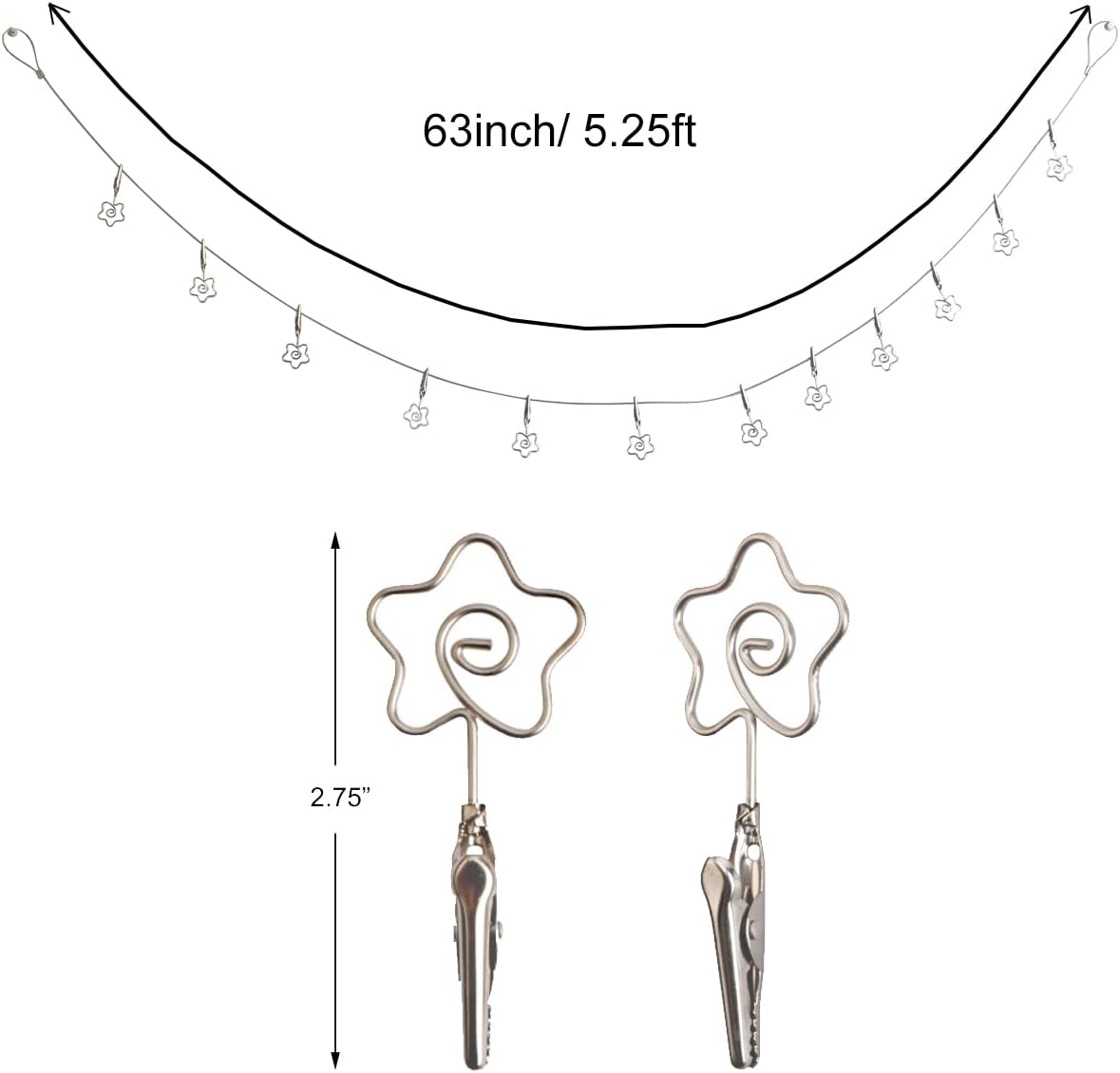 Multi-Purpose Steel Wall Hanging Photo Display Cable Wire Rod with 12 Adjustable Clips for Hanging Photos Notes Postcard and Artworks (Flower)