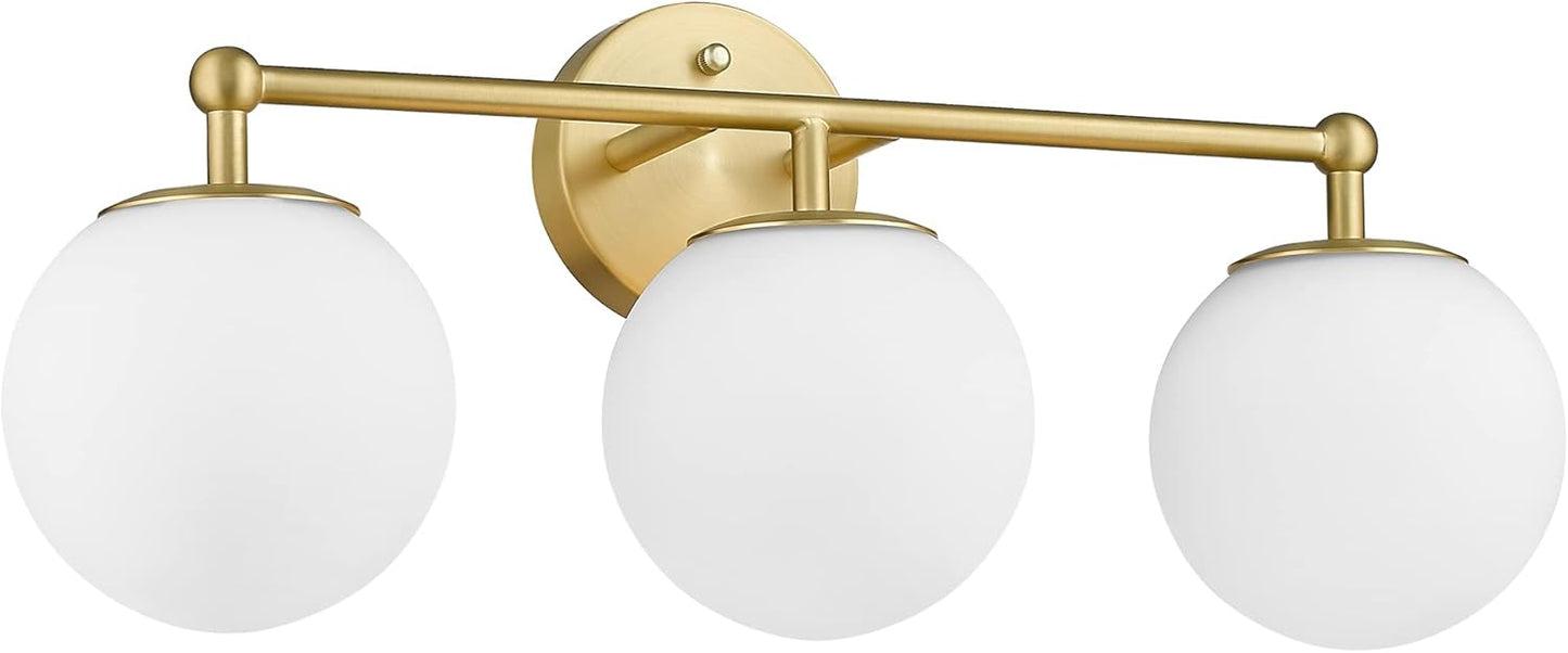 Gold Vanity Light for Bathroom, Modern Bathroom Light Fixtures Over Mirror Brushed Gold Vanity Lights 3-Light Wall Sconce with Milky Glass Globe Shade for Mirror Living Room Bedroom Hallway
