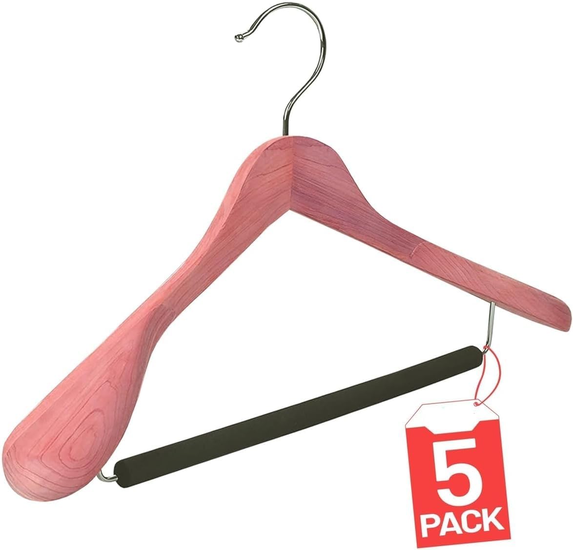 DEILSY™ Cedar Hangers for Closet - 5 Pack Extra Wide Wooden Hangers for Suits, Coat, Dress, Jacket, Clothes Storage - Non Slip Foam Padded Pant Bar with 360° Swivel Hook, Aromatic American Cedar Wood