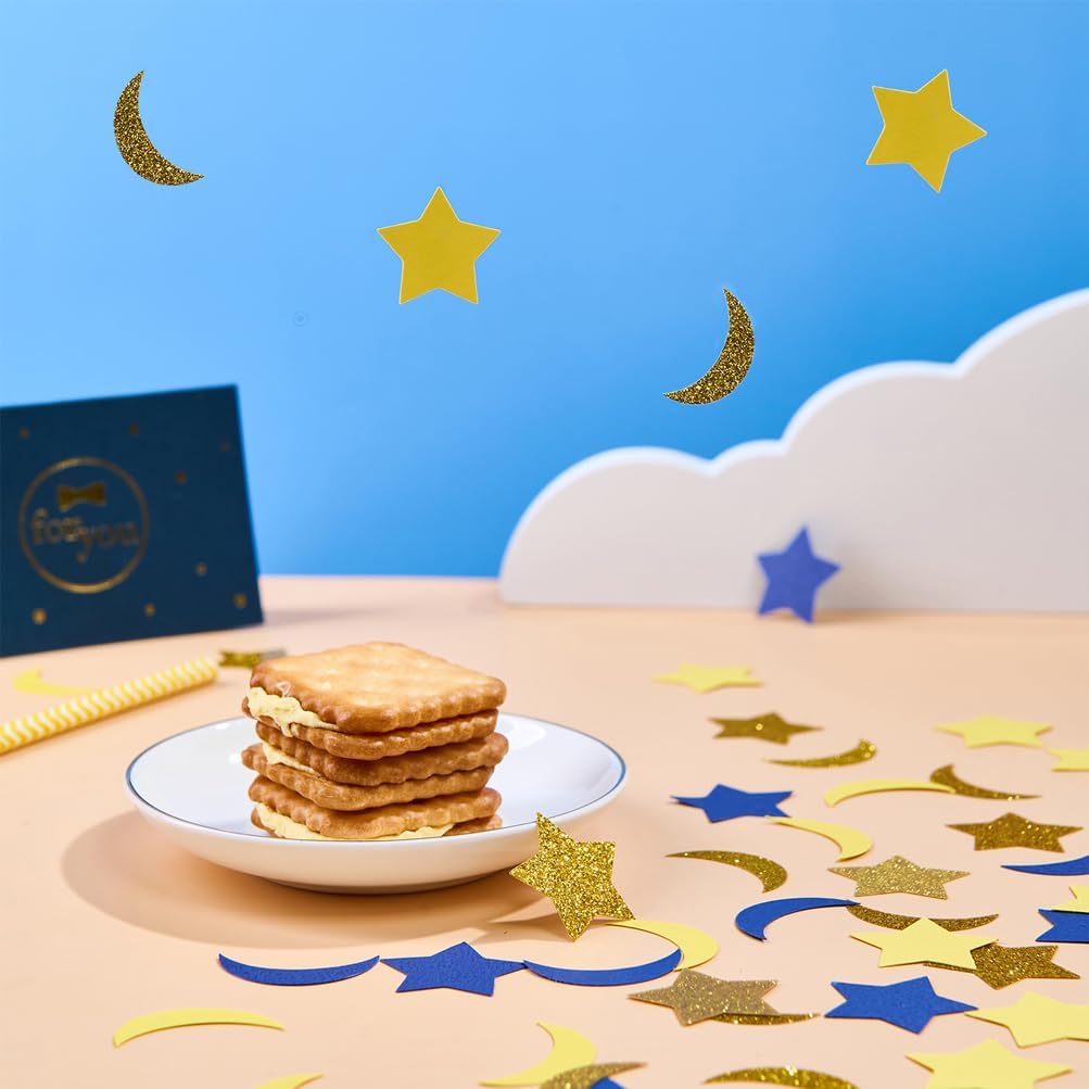 Gold Blue and Yellow Star and Moon Confetti Table Decoration for Graduation Retirement Eid Ramadan Baby Shower Birthday Wedding Theme Party,1.2 inch in Diameter,200 Counts