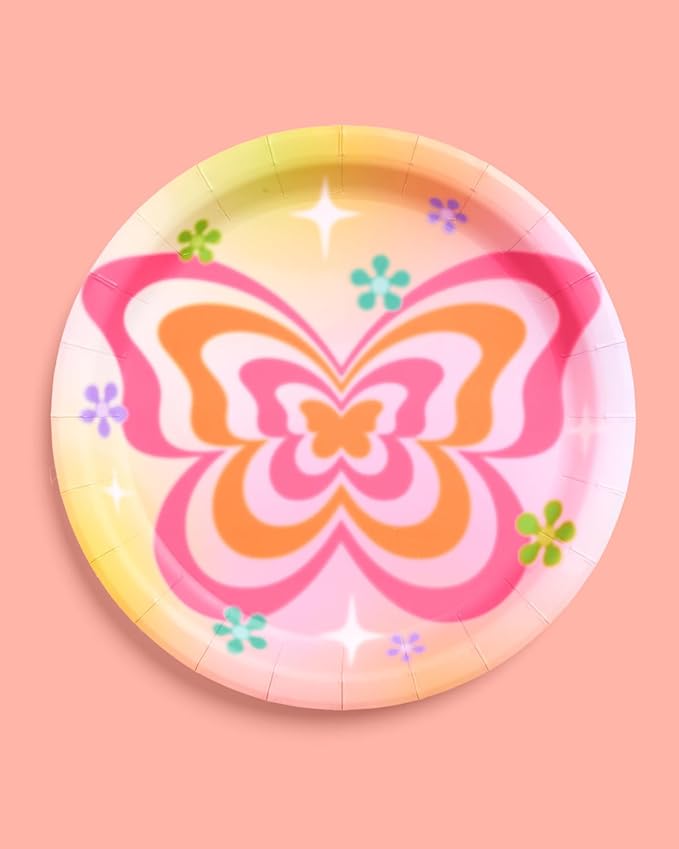 xo, Fetti Groovy Y2K Paper Plates, 2 Designs | 24 pcs 9" | Butterfly Kids Party Decorations, Girls Bachelorette Supplies, Rainbow Birthday Tablescape, Pastel Flower Decor