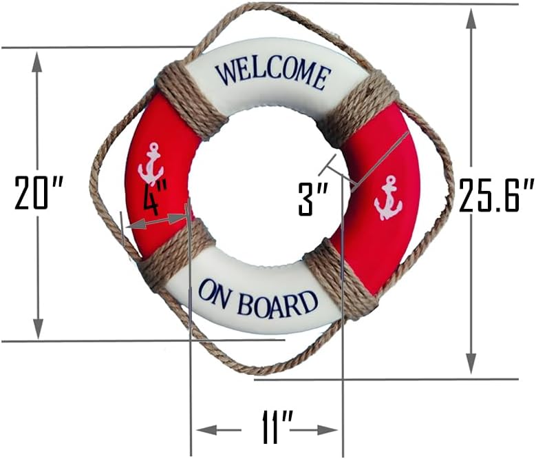 MorroMorn Lifebuoy Wall Hanging Decor - Welcome Aboard Mediterranean Style Home Decoration Hemp Rope (Red, 20")