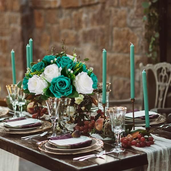 BLOSMON Teal Flowers Artificial Centerpieces: 6 Pcs Fake Roses Flowers Balls for Wedding Dinning Table - Faux Silk Kissing Floral Arrangement for Home Party Event Decor