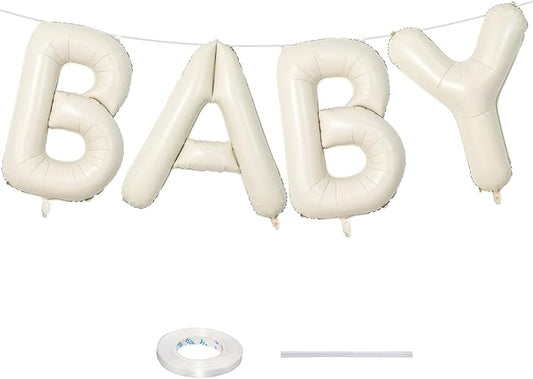 40 Inch Beige BABY Balloon for Baby Shower, Large Cream White Baby Foil Balloons Letters with Ribbon, Neutral Ivory Alphabet Baby Mylar Balloon Banner Sign for Gender Reveal Backdrop Party Decorations