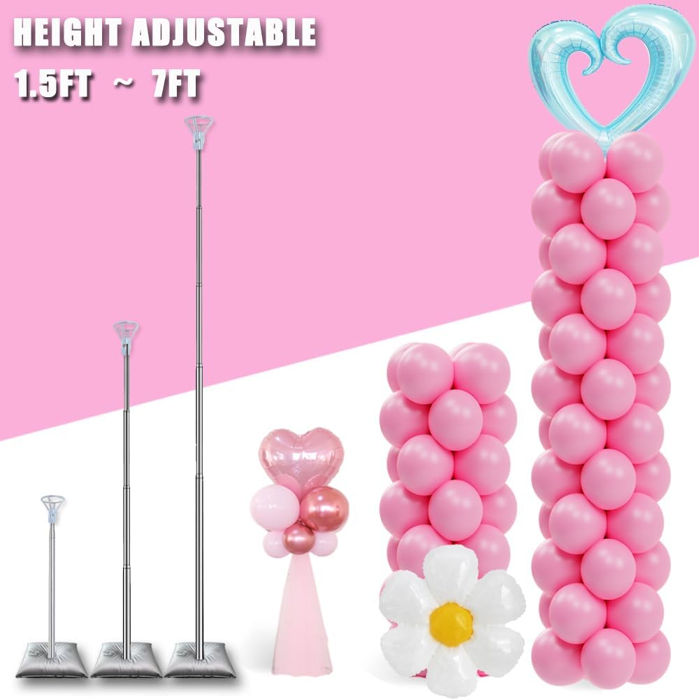 Balloon Column Stand Set of 2, Adjustable 7 Feet Ballon Arch Stands with Bases for Floor, Tall Baloon Tower Pillar Assembly Kit for Halloween, Birthday, Party Decorations