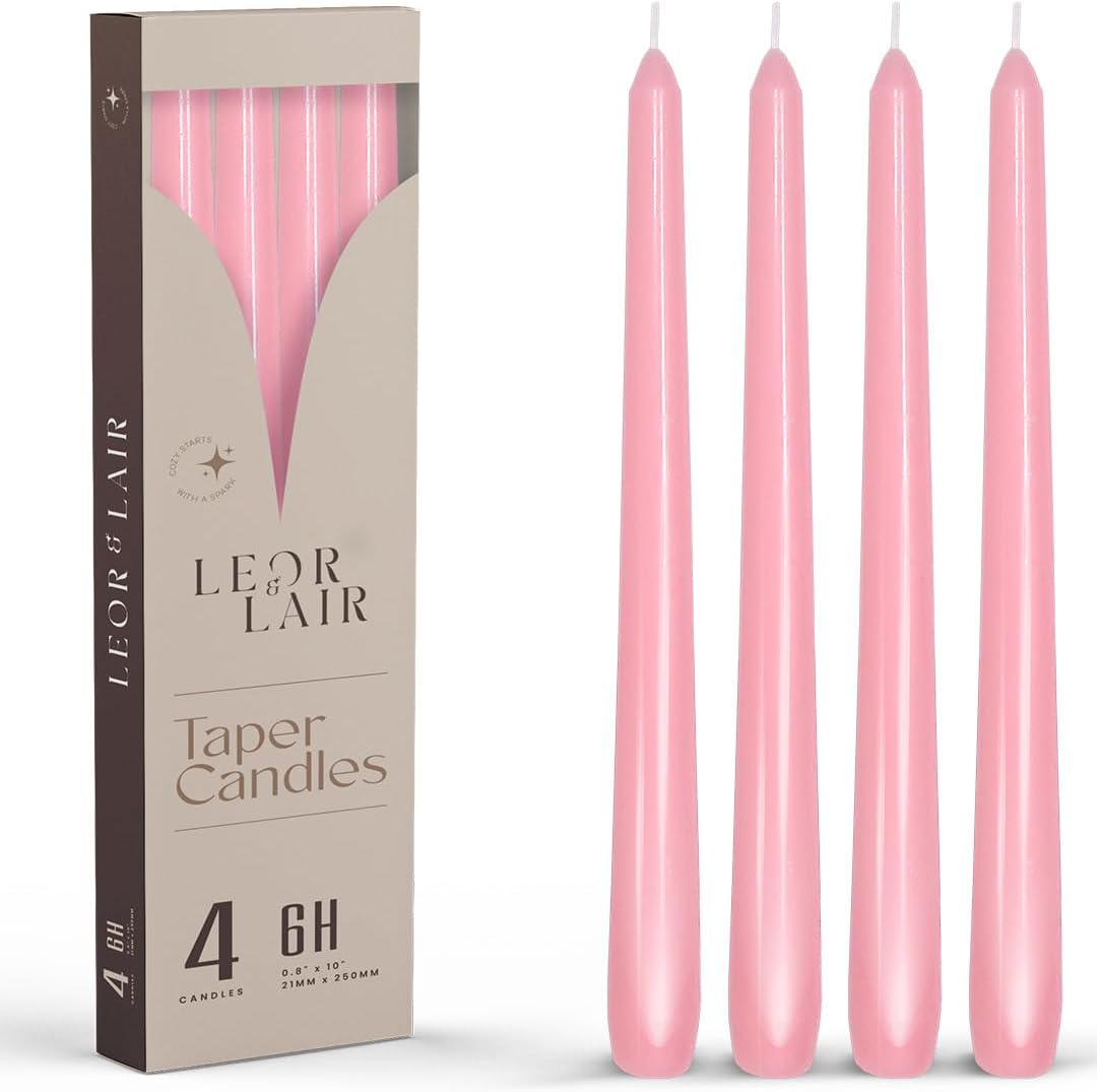 Leor & Lair Light Pink Taper Candles - 4 Pack 10" Pink Candlesticks - Unscented Blush Candles for Weddings, Mother’s Day, Baby Showers, Dinner Table & Holiday Decor