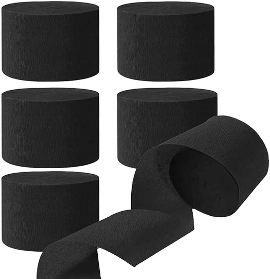 We Moment Crepe Paper Streamers - Black Party Streamer, 1.8 Inch Widening, 6 Rolls (82 Feet per Roll) for Birthday & Wedding Decorations