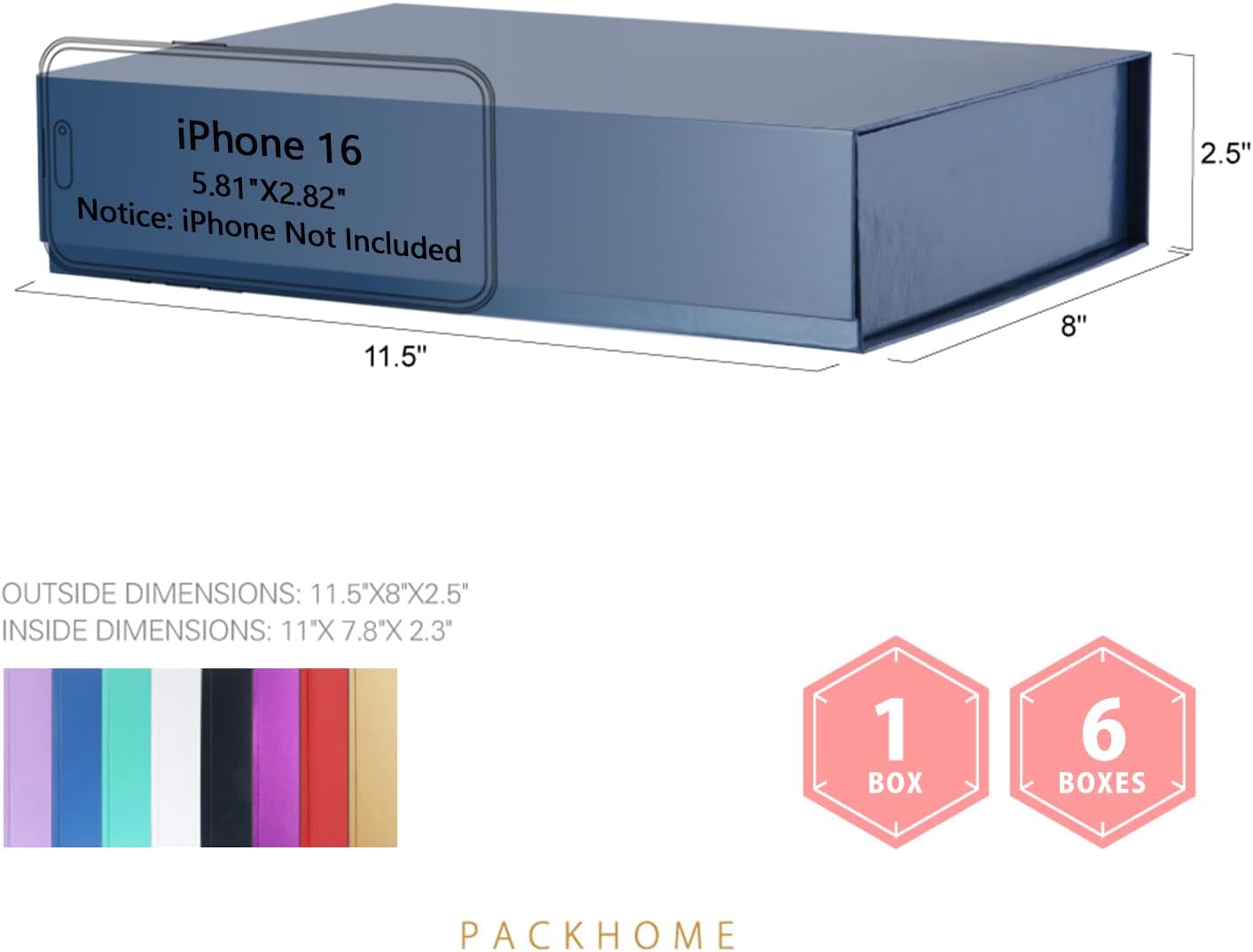 PACKHOME 6 Gift Boxes 11.5x8x2.5 Inches, Sturdy Shirt Boxes with Magnetic Lids for Multiple Occasions (Glossy Blue)