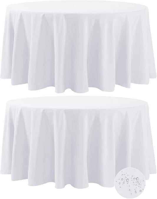 Fokitut 2 Pack Waterproof Round Tablecloth, 132 Inch, Stain Resistant and Wrinkle Polyester Table Cloth, Fabric Table Cover for Kitchen Dining, Wedding, Party, Holiday Dinner-White