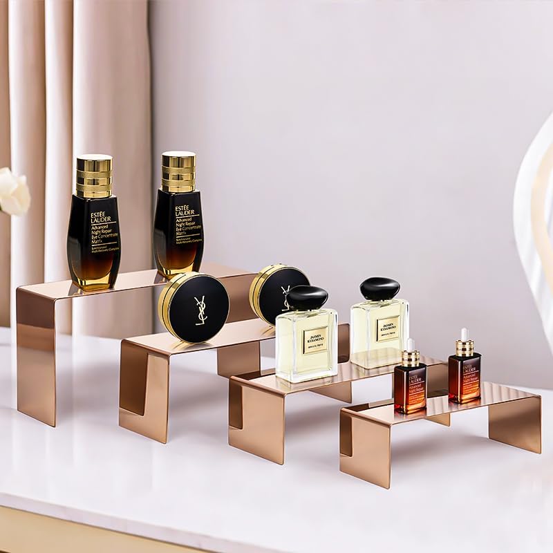 4 Pcs Stainless Steel Display Risers, Display Stand for Cupcake Dessert Perfume Purse Handbag Shoe and Funko Pop, Rose Gold