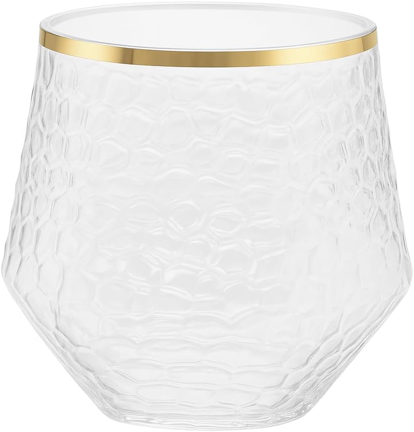 48 Pack Ribbed Origami Ripple Plastic Glasses 24 9oz Stemless Champagne Flutes & 24 12oz Cups BPA-Free, Disposable, Shatterproof Drinkware for Weddings, Bars, Events (Hammered Diamond Gold Rim)