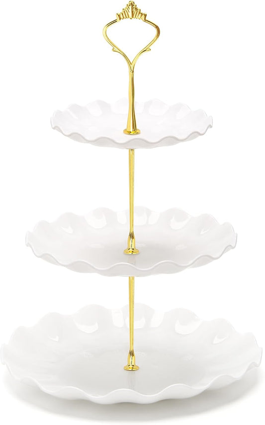 Coitak 3 Tier Cupcake Stand, Plastic Tiered Serving Stand, Dessert Tower Tray for Tea Party, Baby Shower and Wedding (Wavy-Metal Rod)