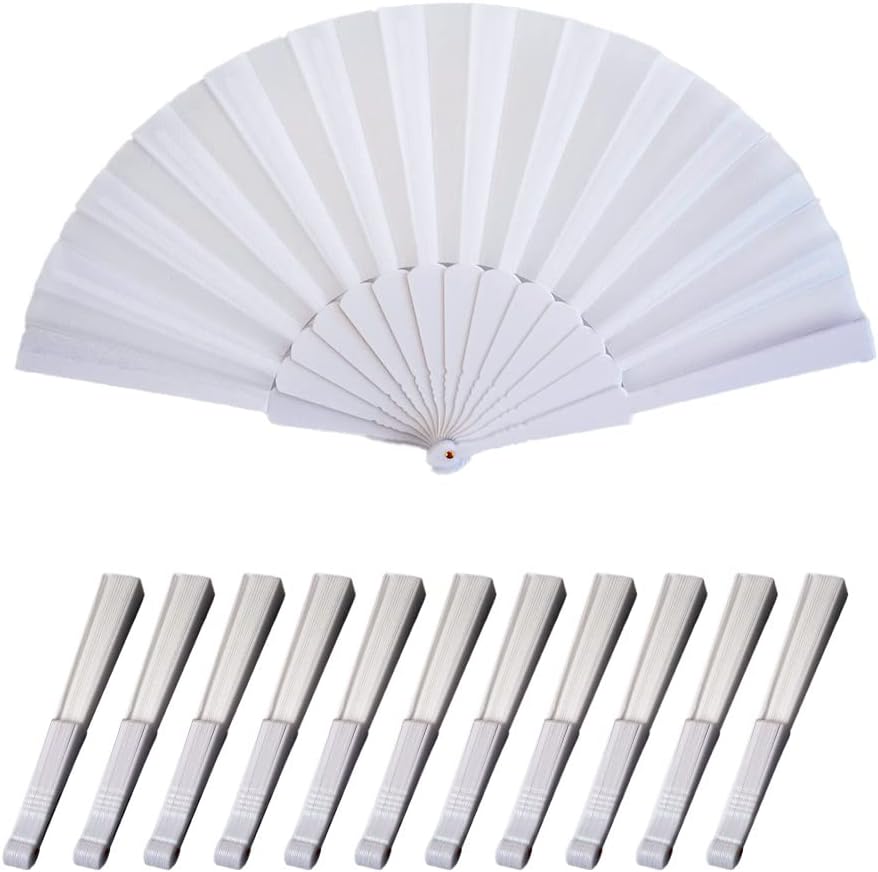 HUNANBANG 1 Dozen 12 Pieces Folding Hand Fans Church Wedding Gift, Party Favors, DIY Decoration Gift Size9 Wholesale 12pack (White 12pcs)