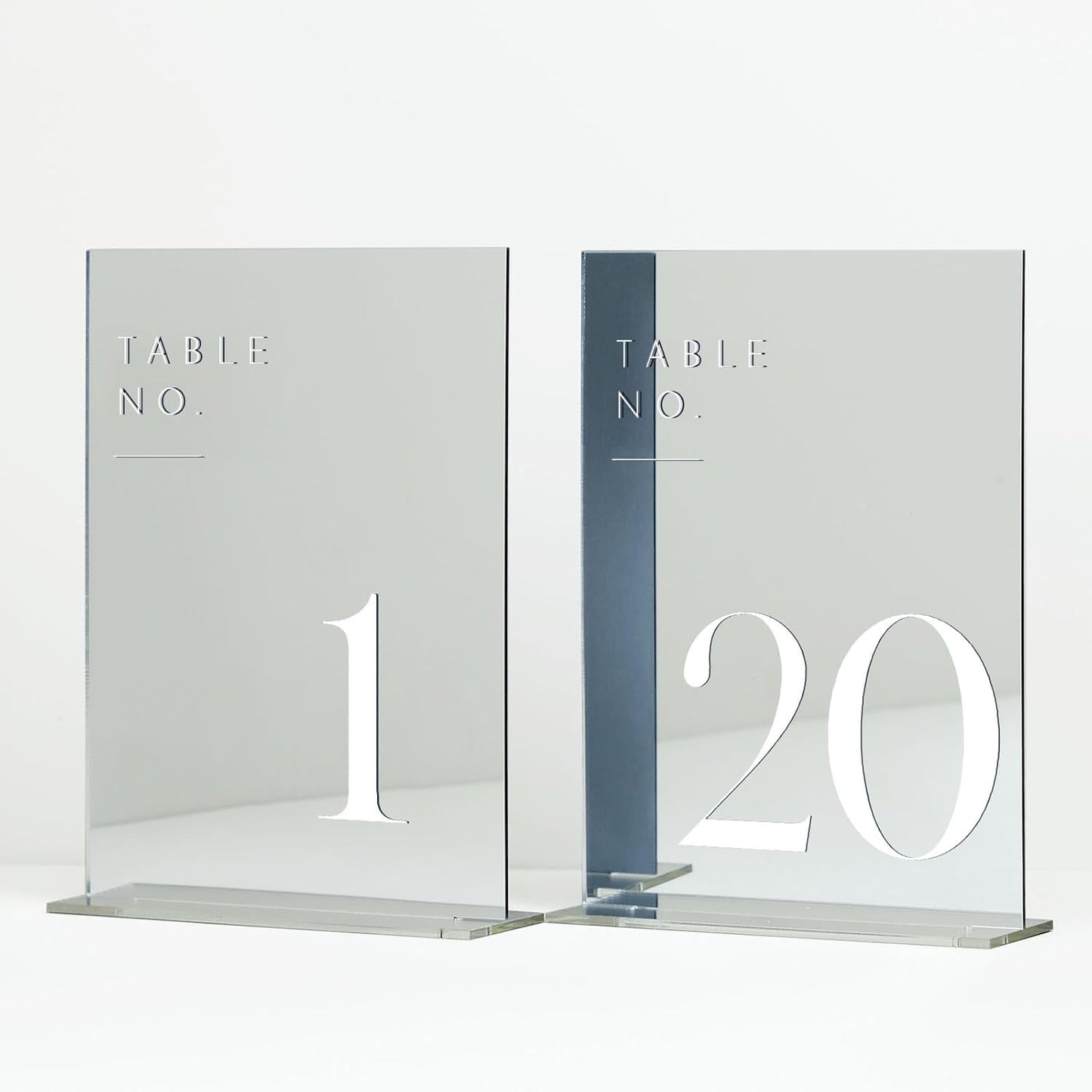 JINMURY Sliver Wedding Table Numbers 1-20 with Stands, 5"x7" Sliver Mirror Acrylic Table Numbers for Wedding Reception (Sliver Mirror White Font, Number 1-20, 5"x7")