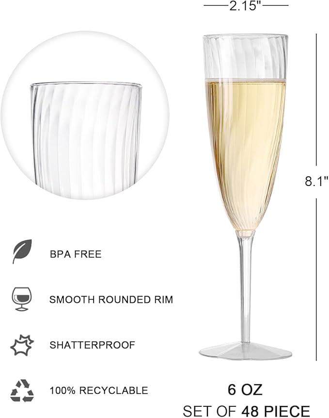 48 Plastic Champagne Flutes, Clear Disposable Plastic Champagne Glasses Reusable Wine Cocktail Cups for Home Daily Life Party Wedding Toasting Drinking Birthday,New Years Eve Party Supplies 2025
