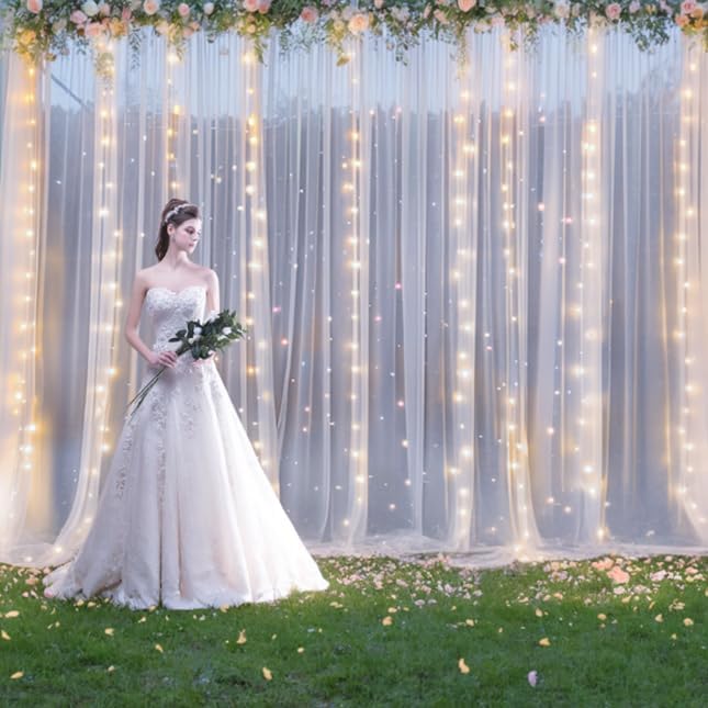 20x10ft White Tulle Backdrop Curtains with Lights for Party Wedding Baby Shower, Sheer Wrinkle Free Backdrop Curtains for Birthday Party Photo Booth Background Decoration