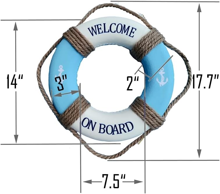 MorroMorn Lifebuoy Wall Hanging Decor - Welcome Aboard Mediterranean Style Home Decoration Hemp Rope (Blue, 14")