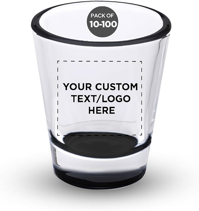 DISCOUNT PROMOS Custom Shot Glasses 1.75 oz. Set of 10/50/100, Personalized Bulk Pack - Great for Wedding Favors, Bachelorette Decorations, Party Favors - Black Bottom Color