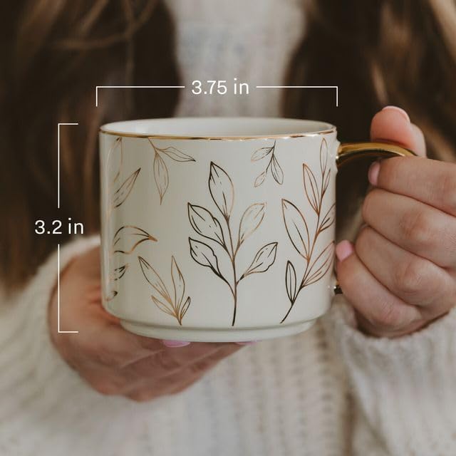 Sweet Water Decor Blue Fan Ceramic Mug with Gold Handle, Large 14oz Fine Bone China Tea Cup, Cute Coffee Mug, Vintage Floral Spring Drinkware, Hostess & Housewarming Gift for Women & Teachers