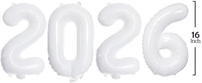 GOER 2026 Foil Number Balloons for 2026 New Year Eve Festival Party Supplies Graduation Decorations (White,16 Inch)