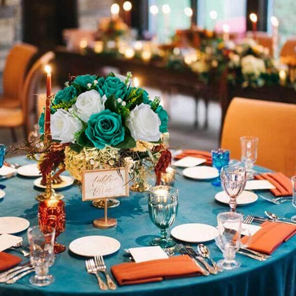 BLOSMON Teal Flowers Ball Decorations: 2 Pcs Fake Roses Flower Centerpiece for Wedding Table - Artificial Silk Kissing Bouquet Floral Arrangement for Home Party Event Decor