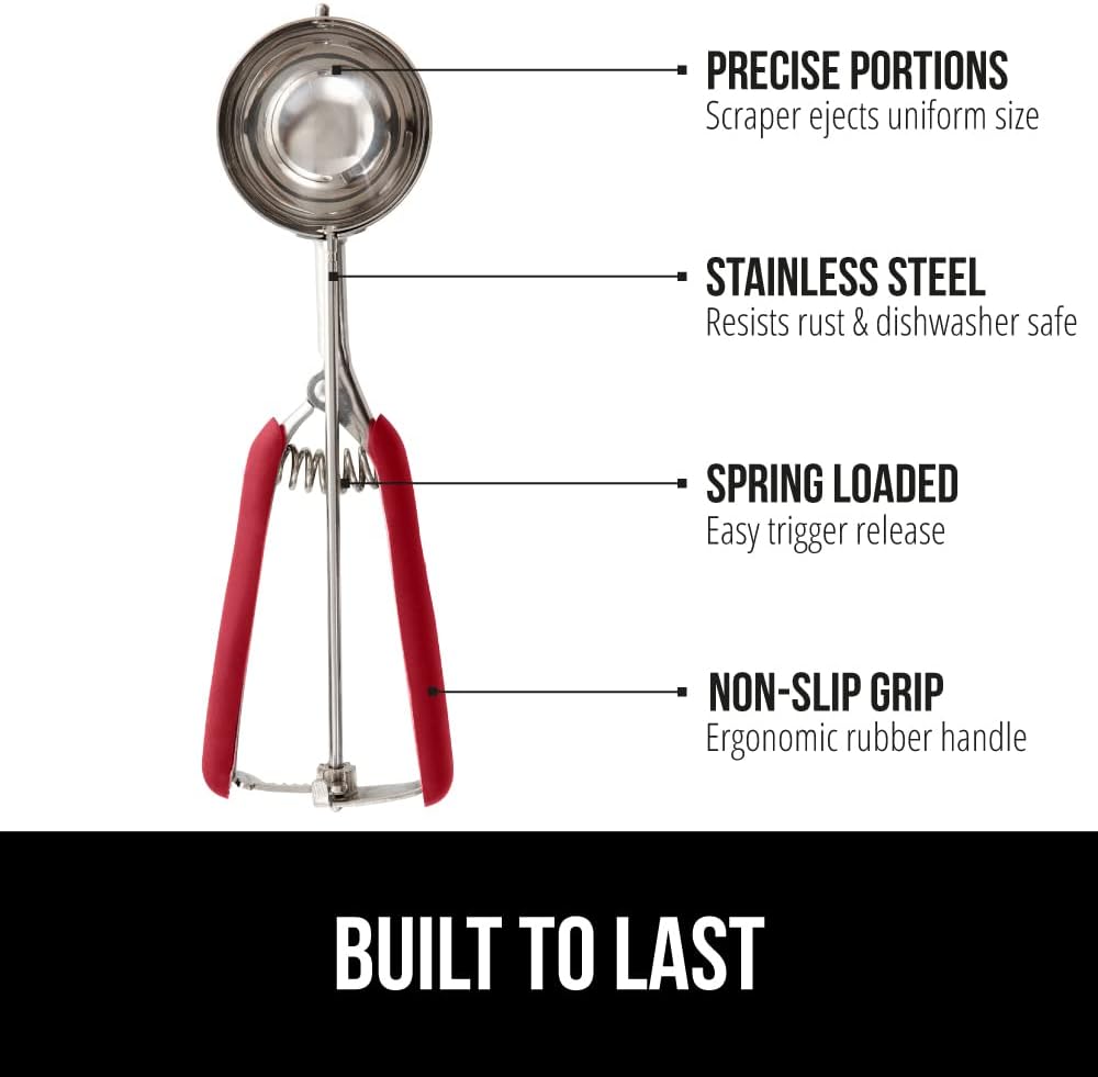 GORILLA GRIP Stainless Steel Cookie Scoop for Baking, 3 TBSP, Multipurpose Melon Baller, Meatball Spring Scoops, Perfect Portion Sizes, Easy Food Release, Scooper Size 20, BPA-Free Kitchen Tool, Red