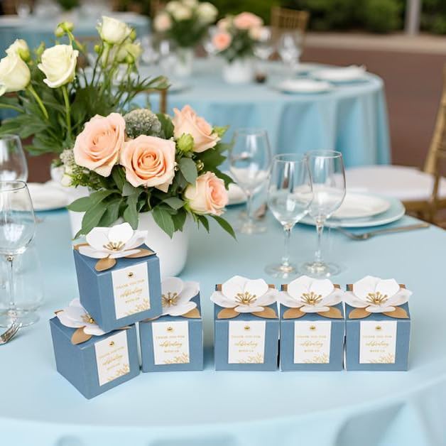 FEIYI 20 PCS Dusty Blue Gift Boxes, 3 In 1 Favor Boxes with Floral Decor, White Thank You Tags Cupcake Containers Gift wrapping for Wedding, Baby Shower, Birthday, Decorations Party - 3.55x3.55x3.55