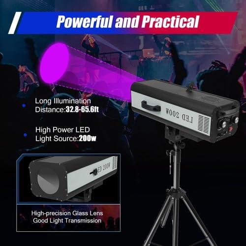 200W LED Stage Spotlight with Tripod, Manual Professional Follow Spot Light with 6 Colors, Portable Theater Lights DJ Lighting for Wedding Party, DJ Show, Theater, Ship in 2 Packages (200, Watts)