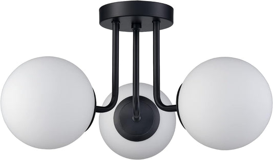 3-Light Modern Black Metal Semi Flush Mount Ceiling Light with White Globe Glass Shade Ceiling Mount Light Fixture for Hallway Living Room Sputnik Chandelier Lighting