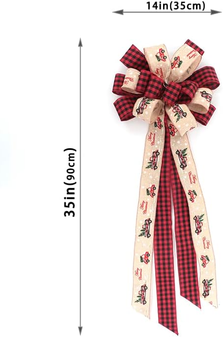 Christams Tree Topper Bow, 35 * 14inch Plaid Buffalo Bows Burlap Decorative Bows for Christmas Holiday Thanksgiving Indoor Outdoor Ornament Gift Bow