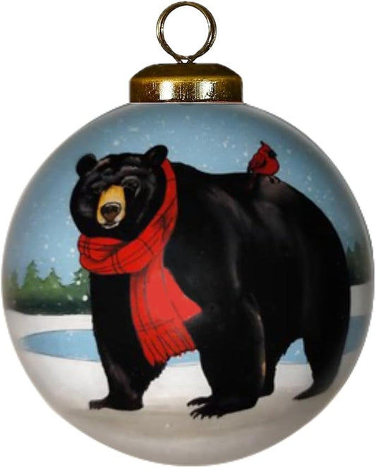 Black Bear Christmas Ornament with Red Scarf and Cardinal – Hand-Painted Glass Wildlife Ornament for Woodland Holiday Décor, Rustic Cabin Theme