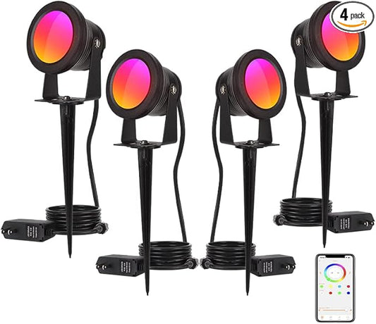 Smart Outdoor Lights, 15W Halloween Spotlights with US Plug, 12V APP Control, Waterproof, Dimmable with Timer