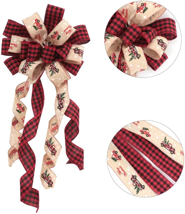 Christams Tree Topper Bow, 35 * 14inch Plaid Buffalo Bows Burlap Decorative Bows for Christmas Holiday Thanksgiving Indoor Outdoor Ornament Gift Bow