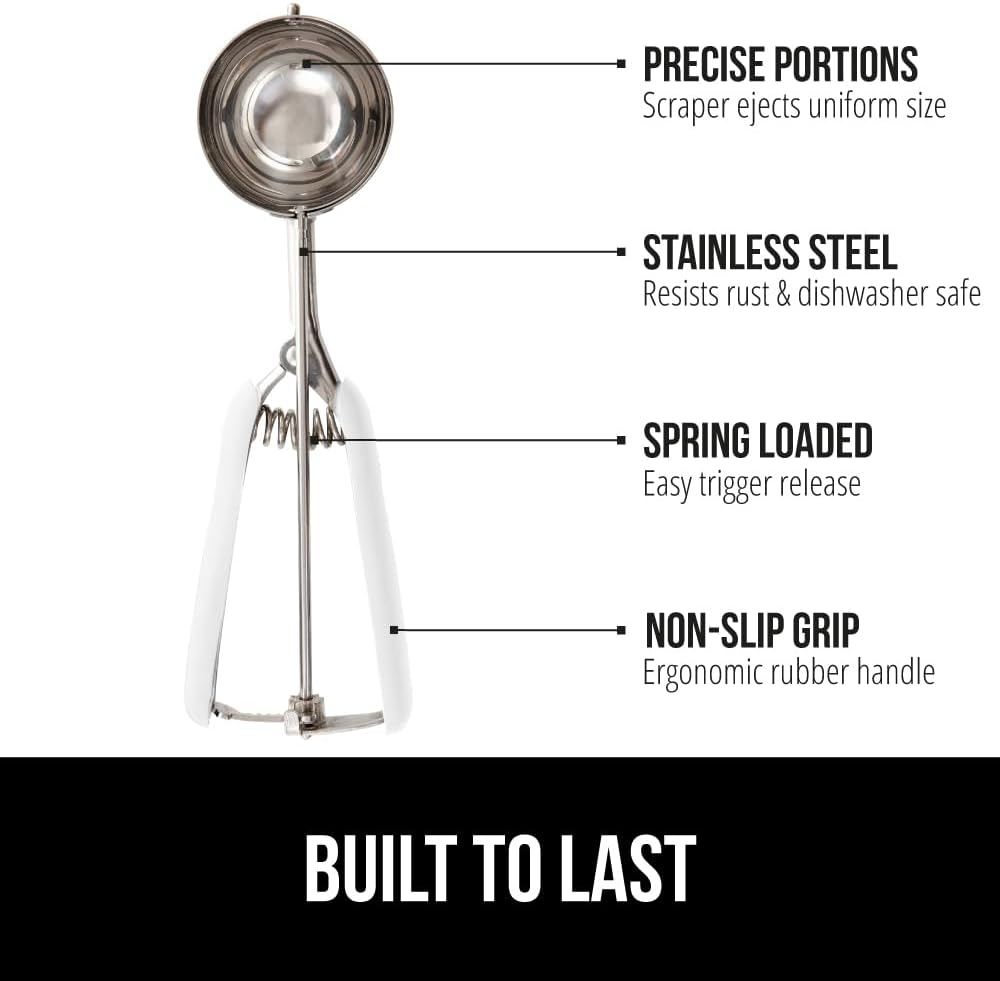 GORILLA GRIP Stainless Steel Multipurpose BPA-Free Spring Scoop, 1 TBSP, Melon Ballers, Cookie Dough Scoops, Perfect Portion Sizes, Easy Squeeze and Clean Release, Scooper Size 60, White