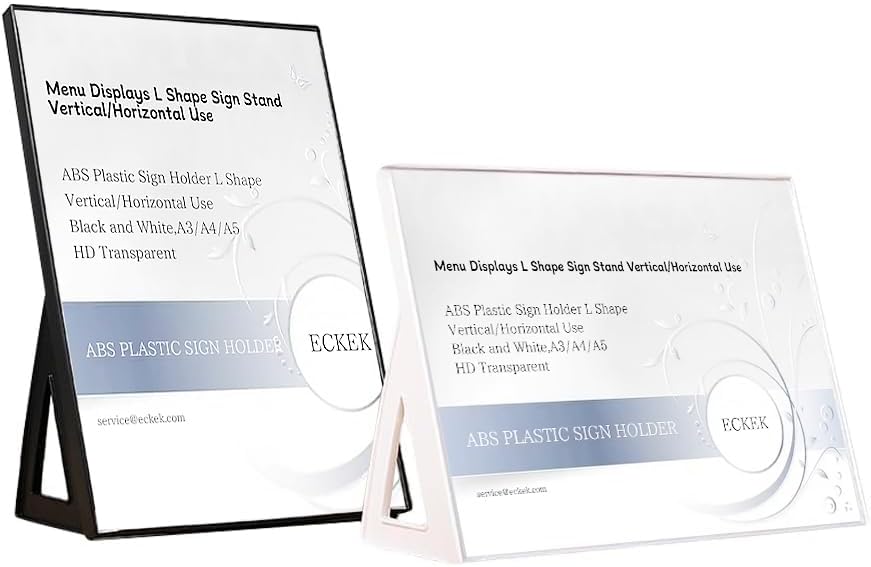 ABS Plastic Sign Holder，Menu Displays L Shape Sign Stand Vertical/Horizontal Use (Black A4 210×297mm/8.27×11.69inches)