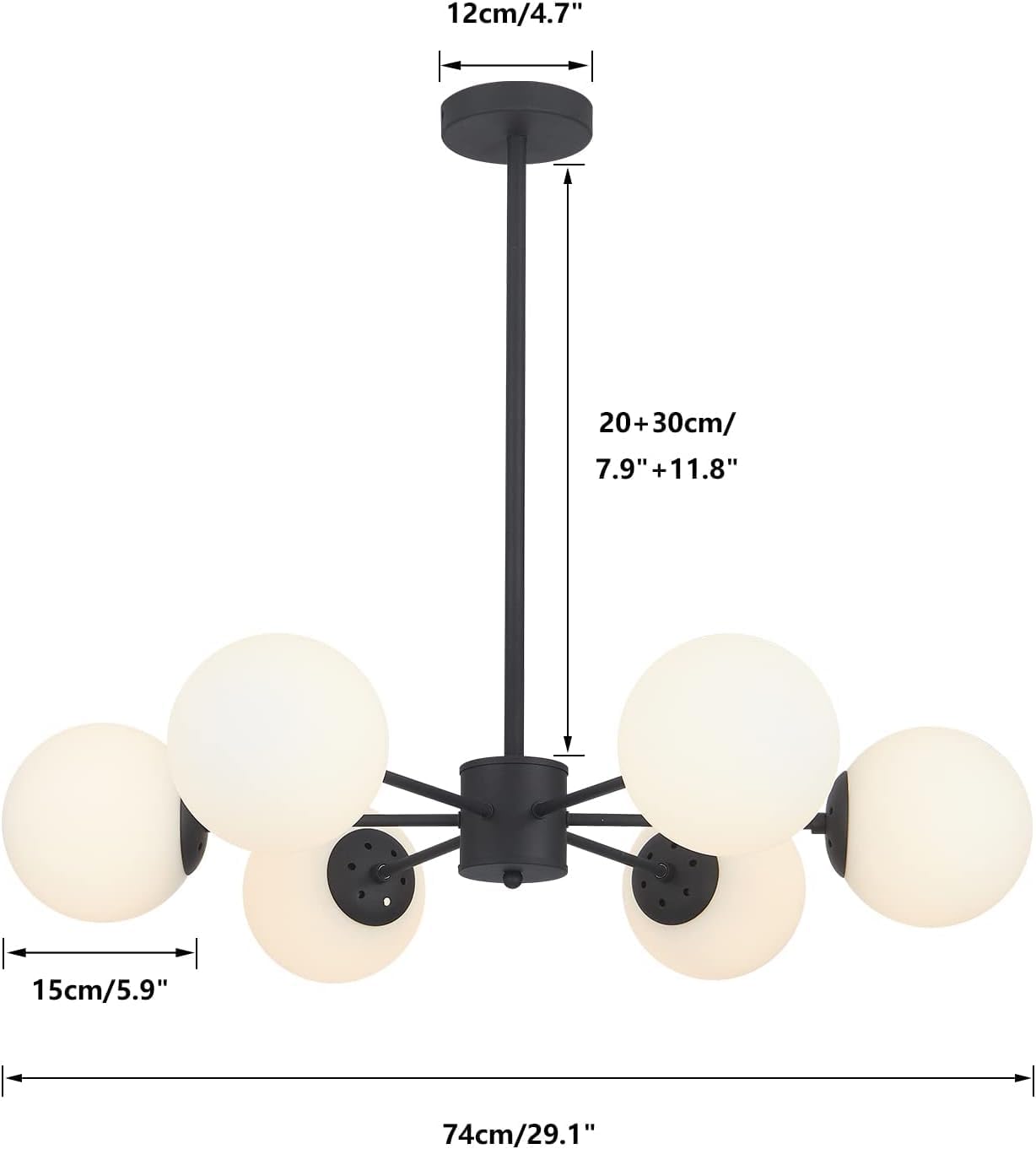 KCO Lighting Matte Black Sputnik Chandelier Light Fixture Mid Century 6-Light Milk Glass Ball Chandelier Modern Globe Flush Mount Ceiling Light Kitchen Island Dining Lighting Fixture (Black+White)